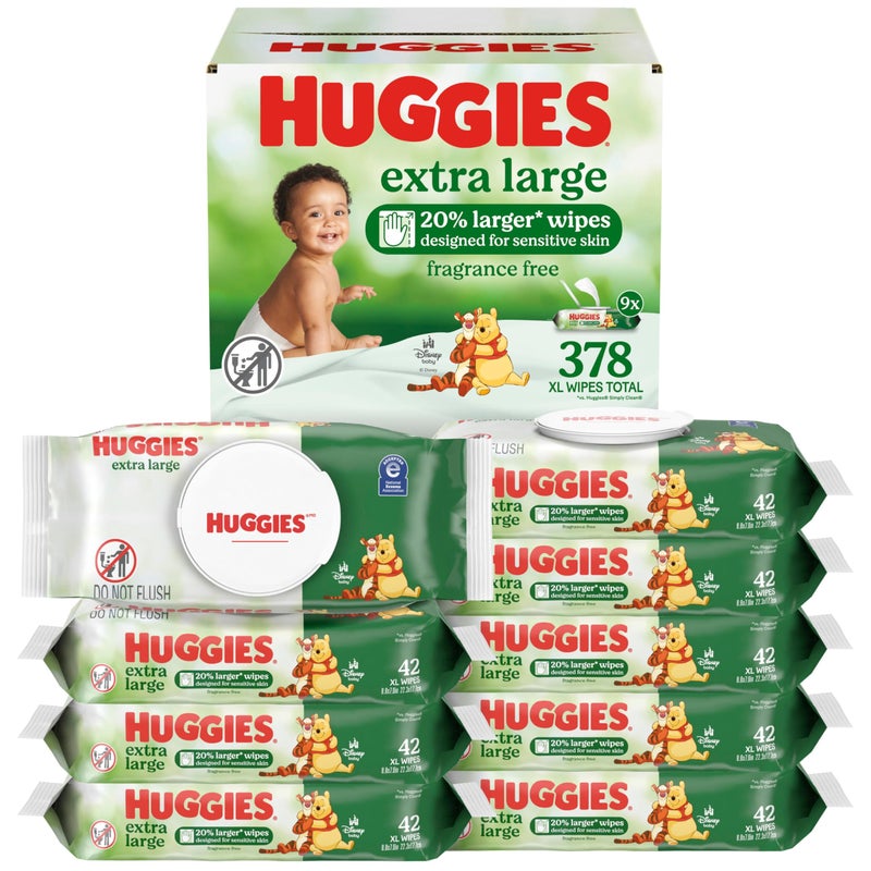 Huggies Extra Large Baby Wipes, Unscented, 9 Flip-Top Packs, 378 XL Wipes Total, Packaging May Vary - Image 1