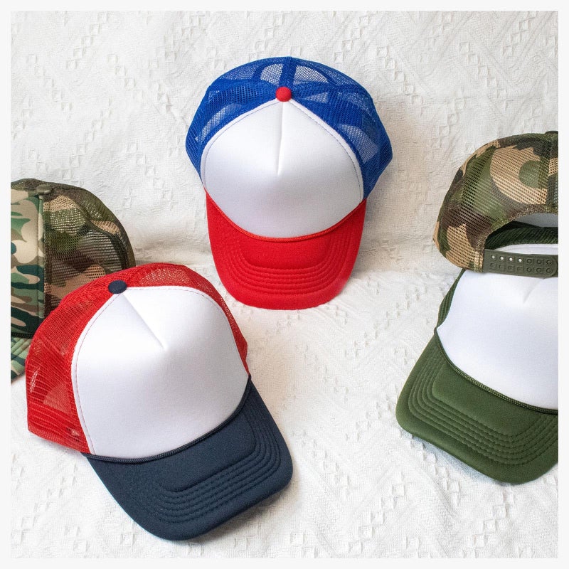 CHOK.LIDS Classic Foam Trucker Hat Summer Mesh Cap Solid Two Toned Blank Foamhead hat for Mens Womens Adjustable Strap Light Weight (White/Navy) - Image 3