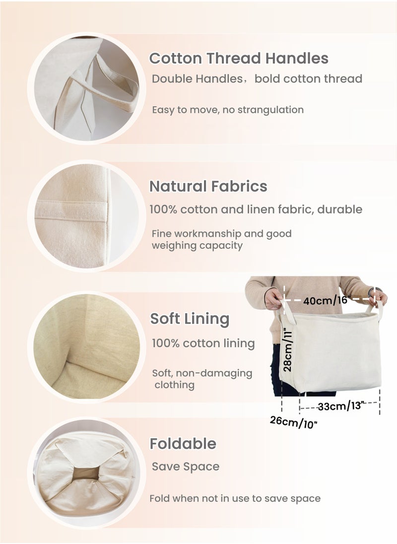 Generic Cotton and Linen Woven Foldable Laundry Basket with Doublehandle,Dress Storage Cloth Basket,Lining Design,Kid's Toys Kitchen Storage Basket, Thread Laundry Hamper for Bathroom Bedroom,Home Storage Container,White 40X28cm(16X11inch)  - Image 2