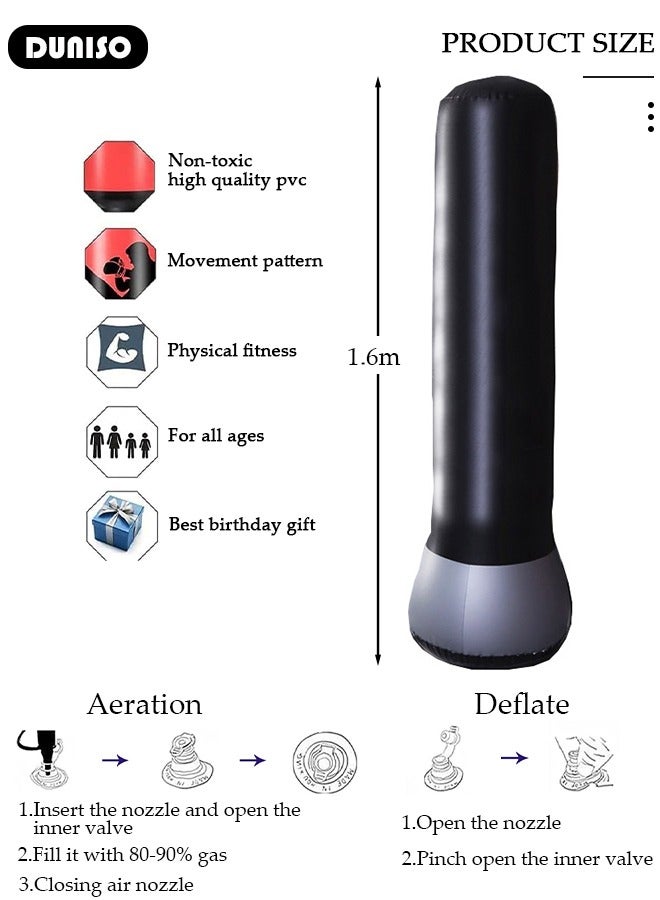 DUNISO عمود ملاكمة قابل للنفخ، حقيبة ملاكمة قابلة للنفخ بارتفاع 160 سم، حقيبة ملاكمة قائمة بذاتها، حقيبة ملاكمة للأطفال والبالغين، لممارسة الكاراتيه، تدريب الملاكمة في المنزل مع ارتداد فوري لتخفيف التوتر - Image 2