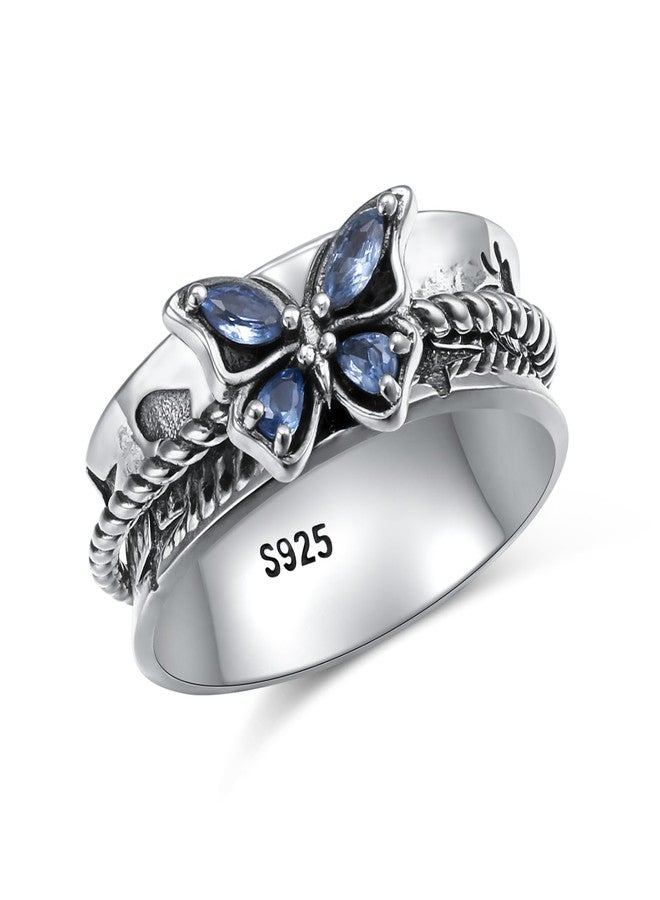 Ladytree Butterfly Fidget Ring S925 Sterling Silver Butterflies Blue CZ Anxiety Relieving Spinner Rings ADHD Relief Stress for Women Daughter Mom Size 9 - Image 1