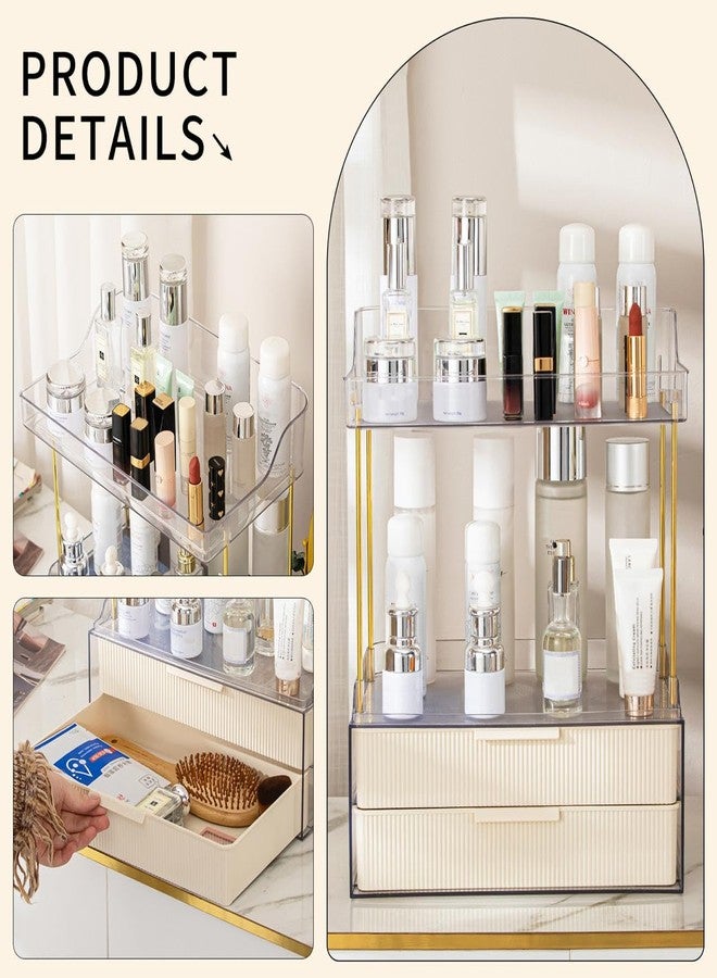 Dravina Cosmetic Organizer Rack with 4 Tier + 2 Drawers + Gold Rod Finishing, 38CM Premium Large Capacity Vanity Organizer for Women |Waterproof Bathroom & Bedroom Countertop - Image 2