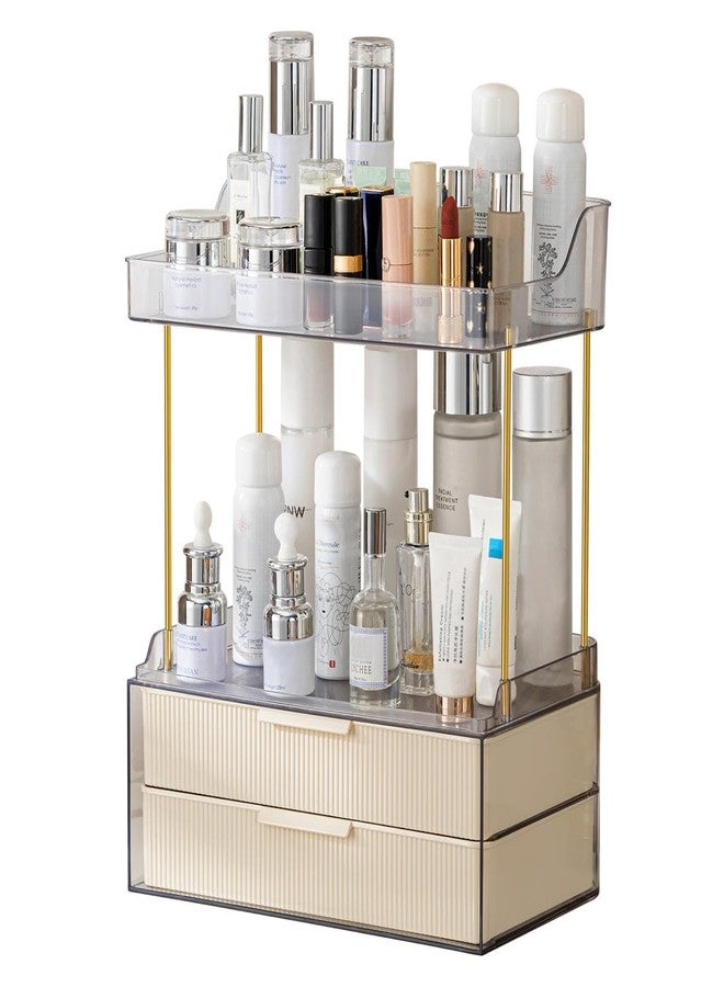 Dravina Cosmetic Organizer Rack with 4 Tier + 2 Drawers + Gold Rod Finishing, 38CM Premium Large Capacity Vanity Organizer for Women |Waterproof Bathroom & Bedroom Countertop - Image 1
