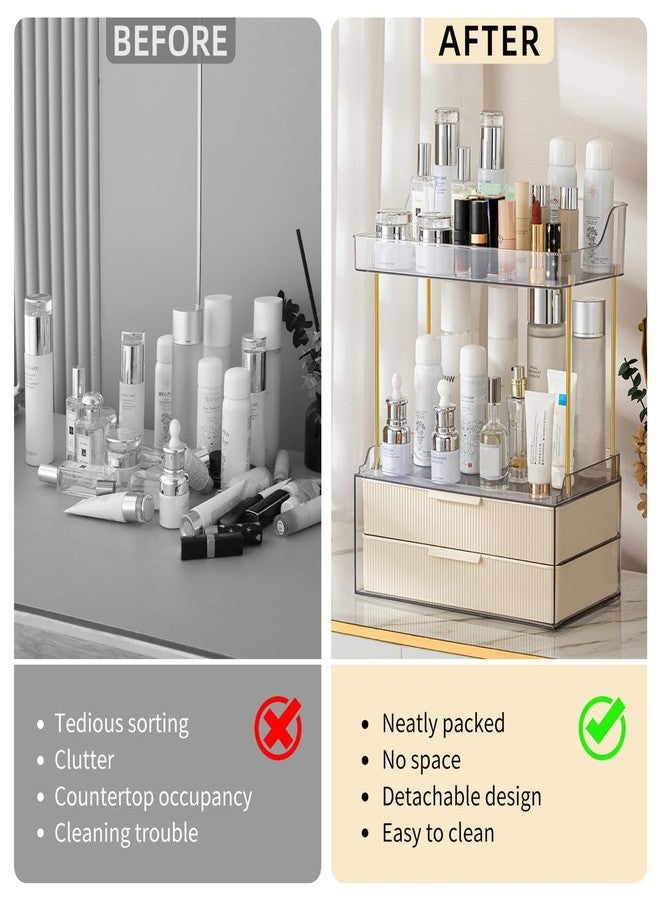 Dravina Cosmetic Organizer Rack with 4 Tier + 2 Drawers + Gold Rod Finishing, 38CM Premium Large Capacity Vanity Organizer for Women |Waterproof Bathroom & Bedroom Countertop - Image 4