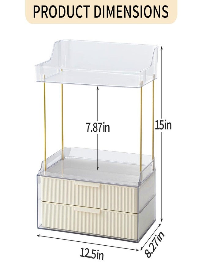 Dravina Cosmetic Organizer Rack with 4 Tier + 2 Drawers + Gold Rod Finishing, 38CM Premium Large Capacity Vanity Organizer for Women |Waterproof Bathroom & Bedroom Countertop - Image 3