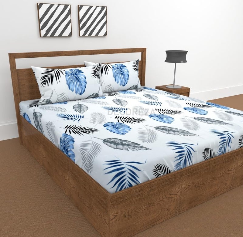 DECOREZA DECOREZA 300Tc All Around Cotton Floral Elastic Fitted Bedsheets Queen SizePremium Queen Size Bedsheet with Elastic Fitted Bedsheets for Double Bed with 2 Pillow CoversSize 78X60Pale Blue Lily 