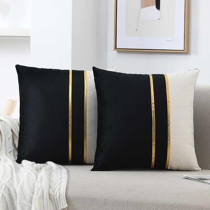 VELVET THROW PILLOW COVERS PACK OF 2 SOFT DECORATIVE CUSHION COVERS CASES WITH GOLD LEATHER FOR SOFA BEDROOM LIVINGROOM CAR 20 X 20 IN BLACK AND WHITE