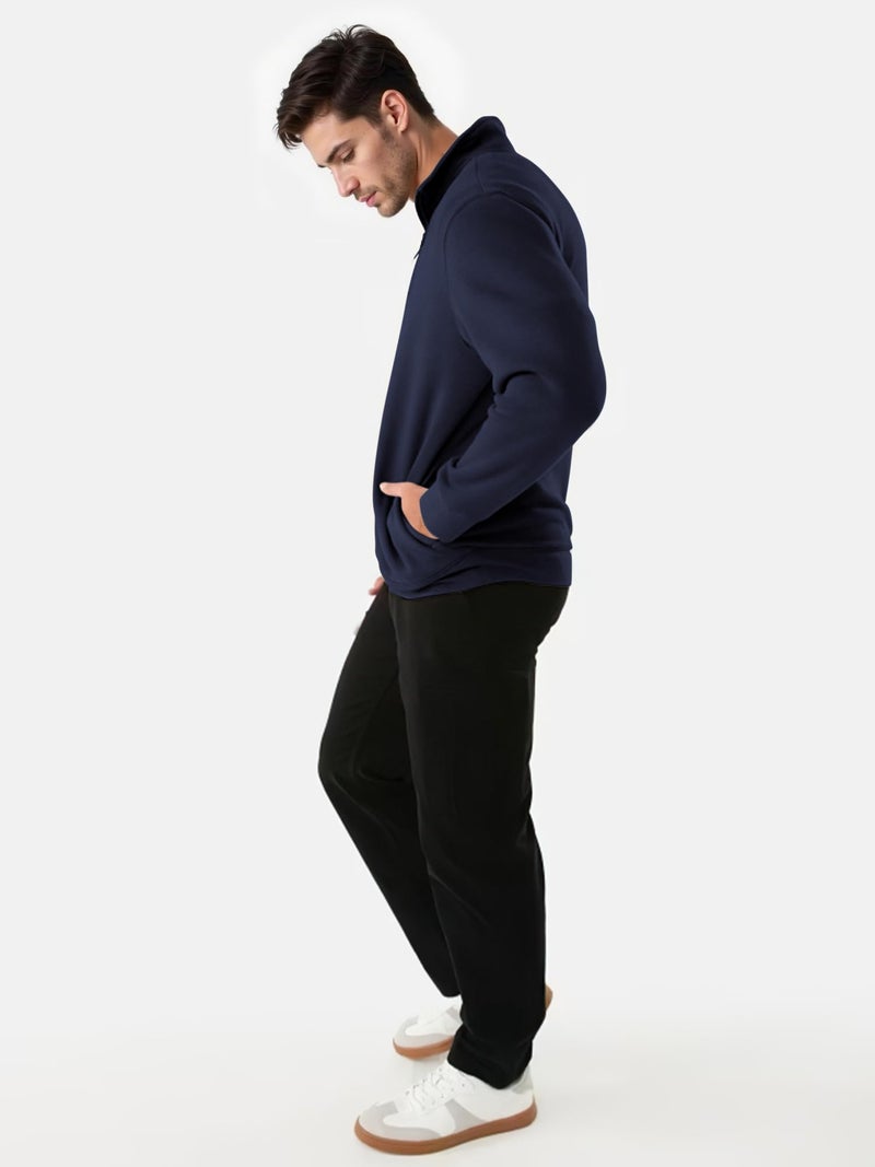 PLEPAN Mens Fleece Pullover Quarter Zip Sweatshirt Casual Mock Neck Sweater Polo Long Sleeve Navy Blue XX-Large - Image 3