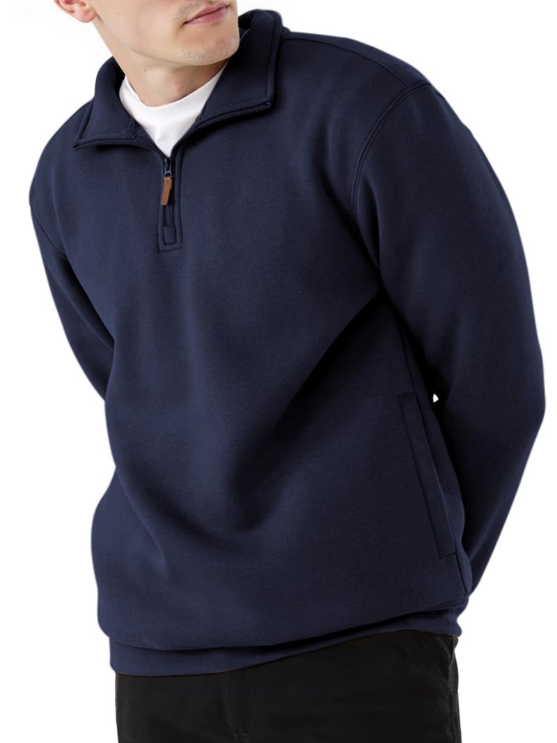 PLEPAN Mens Fleece Pullover Quarter Zip Sweatshirt Casual Mock Neck Sweater Polo Long Sleeve Navy Blue XX-Large - Image 1