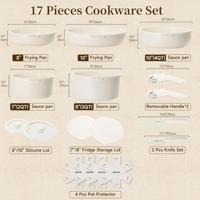 Jeetee Pots and Pans Set Non Stick 17pcs, Kitchen Cookware Sets with Detachable Handle, Induction Nonstick Cookware Set with Removable Handle, Stackable RV Cookware, Oven Safe, PFOA Free, Beige - Image 2