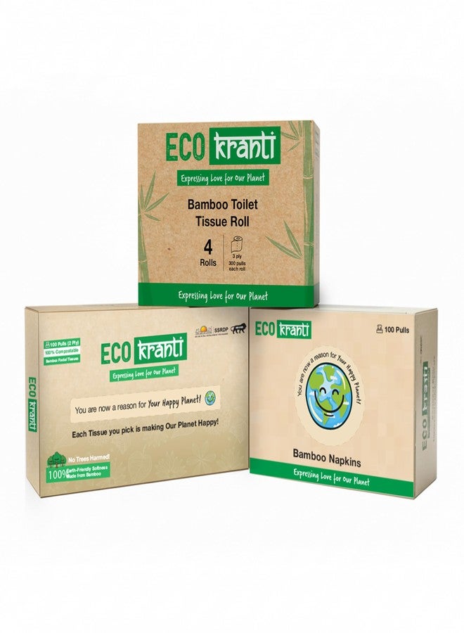 Eco Kranti - Bamboo Facial Tissue Paper + Bamboo Facial Napkins + Bamboo Toilet Tissue Roll | Combo of 3 | 100% Natural | Biodegradable, Compostable & Ecofriendly | Travel-Friendly Tissue & Napkins