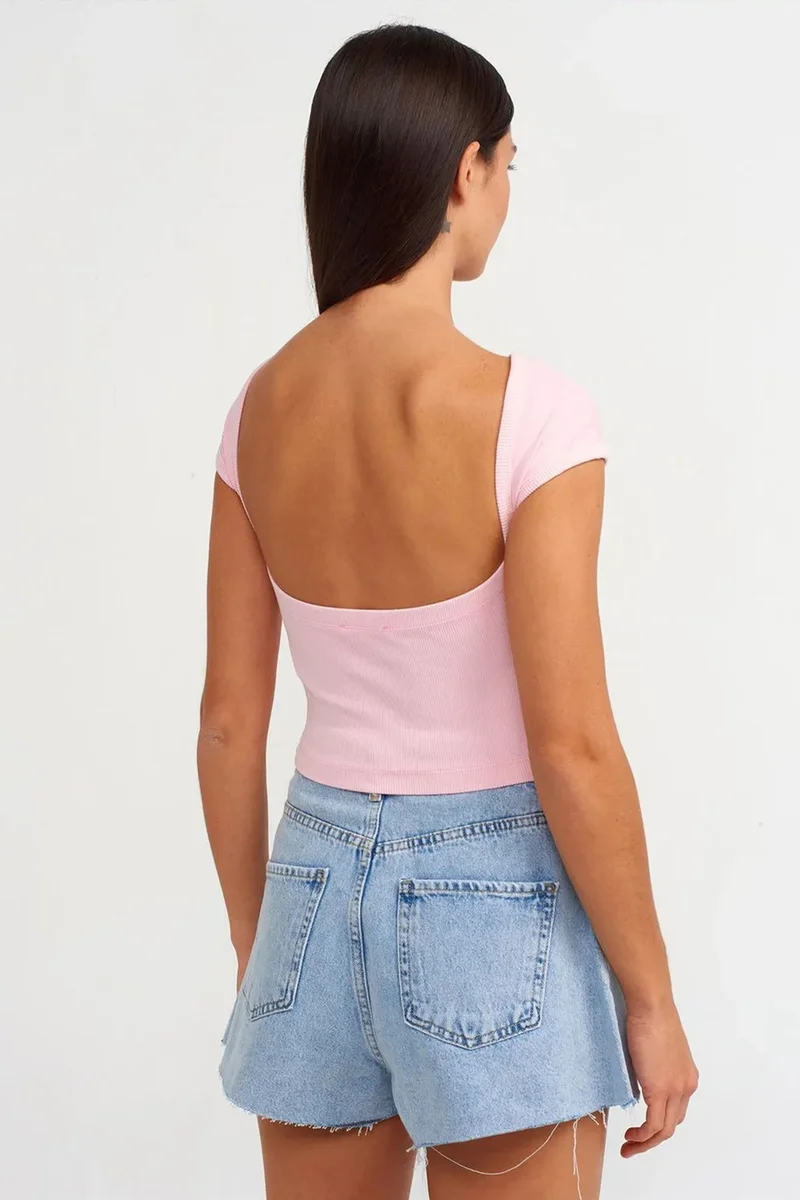 Dilvin Powder Pink DILVIN Women's Crop T-Shirt With Square Neck And Cut-Out for Women | Best Price UAE