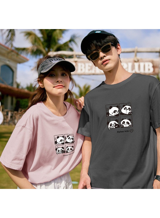TonLion Summer Couple T-shirts Matching His & Hers Short Sleeve Tees With Front Print Round Neck Same Size Tops - Image 2