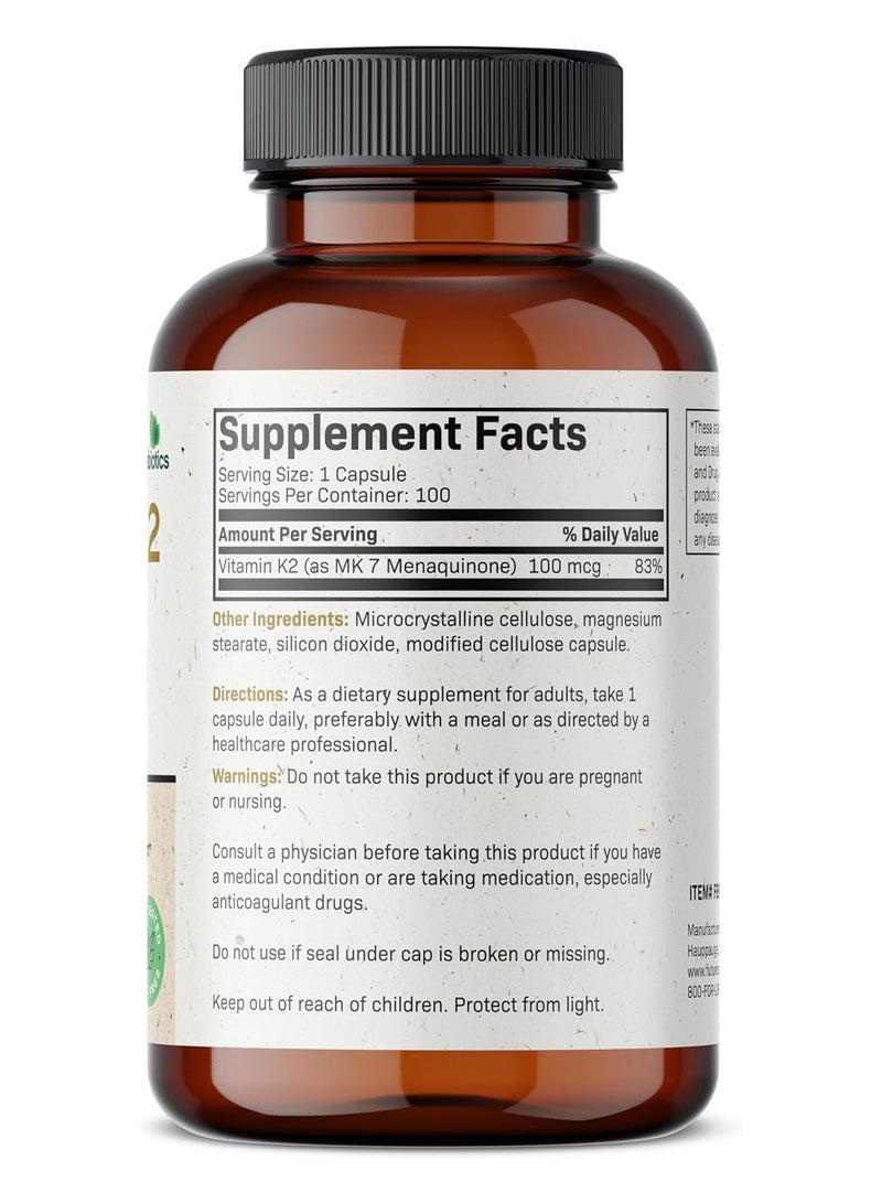 Future Biotics Futurebiotics, Vitamin K2 as MK-7, 100 mcg, 100 Vegetarian Capsules - Image 2