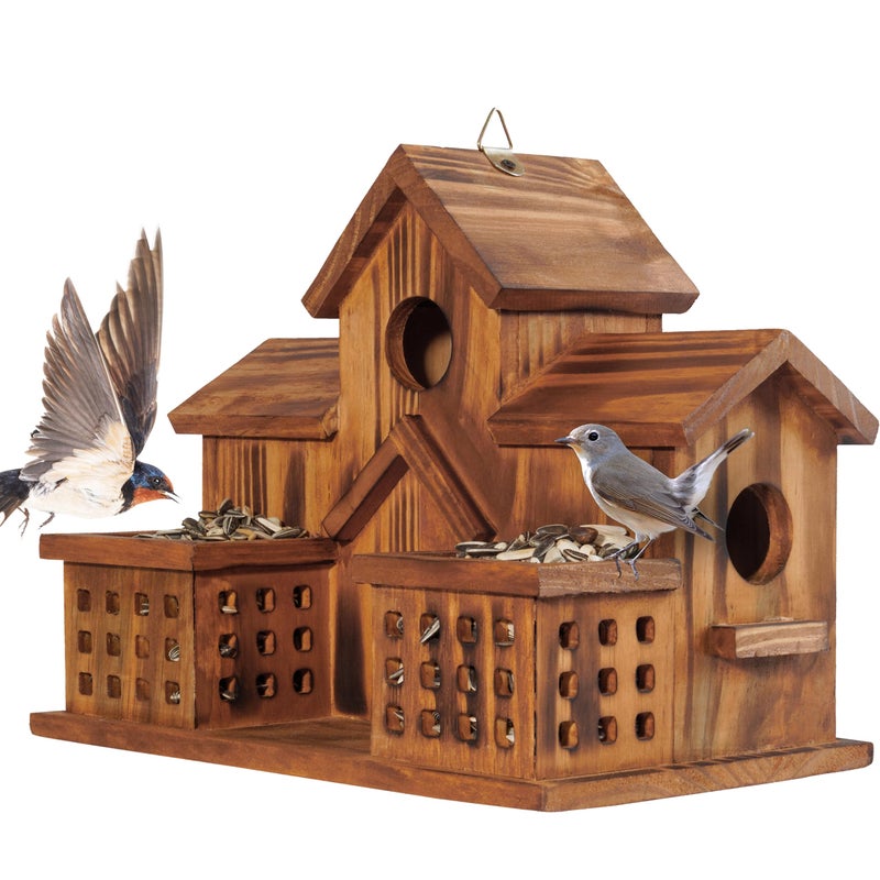 MIXUMON Bird Houses for Outside with Bird Feeder, Outdoor 3 Hole Bird House Room for 3 Bird Families Bluebird Finch Cardinals Hanging Birdhouse for Garden - Image 1