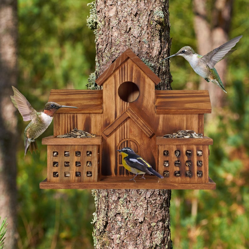 MIXUMON Bird Houses for Outside with Bird Feeder, Outdoor 3 Hole Bird House Room for 3 Bird Families Bluebird Finch Cardinals Hanging Birdhouse for Garden - Image 3