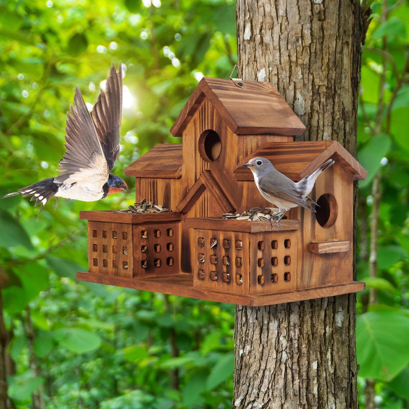 MIXUMON Bird Houses for Outside with Bird Feeder, Outdoor 3 Hole Bird House Room for 3 Bird Families Bluebird Finch Cardinals Hanging Birdhouse for Garden - Image 5