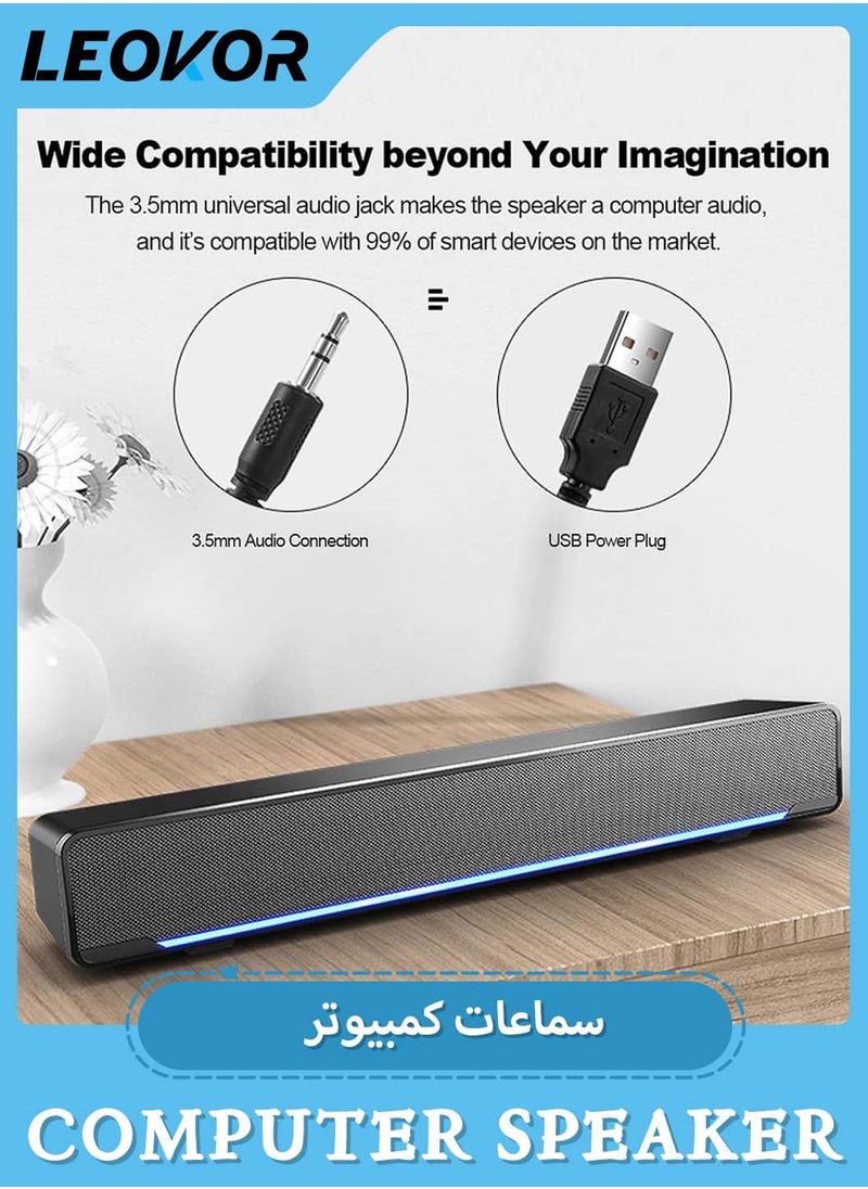 LEOKOR - USB Wired Computer Speaker,Mini Speaker Stereo Subwoofer,Bass Surround Sound Box Wired,Music Player,with USB / 3.5 mm Audio Input for PC Laptop Smartphone Tablet MP3 MP4 - Image 1