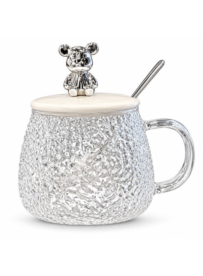 2-in-1 glass drinking cup and sugar bowl with a bear-shaped lid; a crystal-patterned glass cup with a spoon and plastic lid; suitable for tea and hot beverages. - Image 1