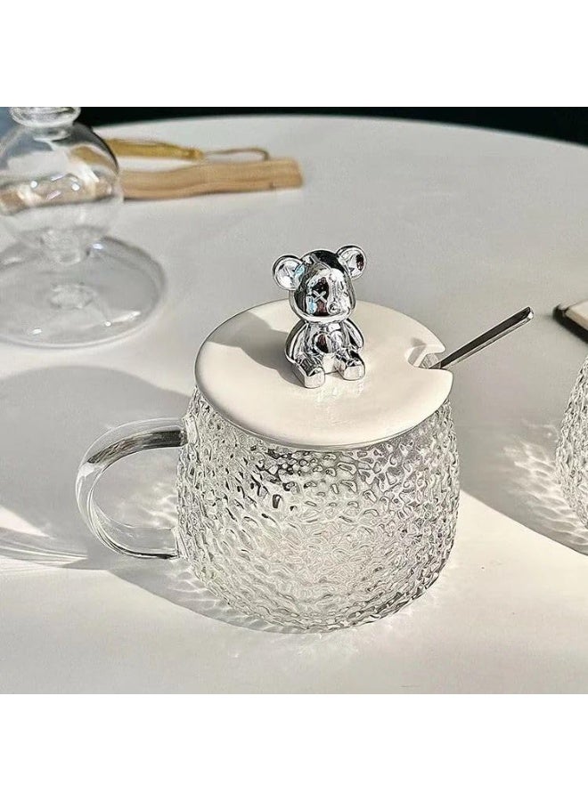 2-in-1 glass drinking cup and sugar bowl with a bear-shaped lid; a crystal-patterned glass cup with a spoon and plastic lid; suitable for tea and hot beverages. - Image 4