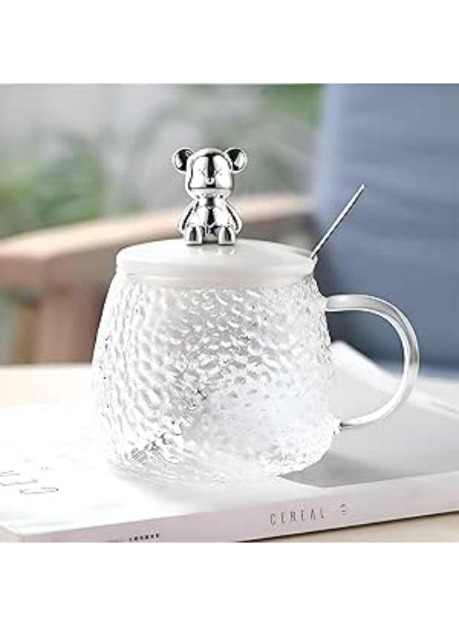 2-in-1 glass drinking cup and sugar bowl with a bear-shaped lid; a crystal-patterned glass cup with a spoon and plastic lid; suitable for tea and hot beverages. - Image 3