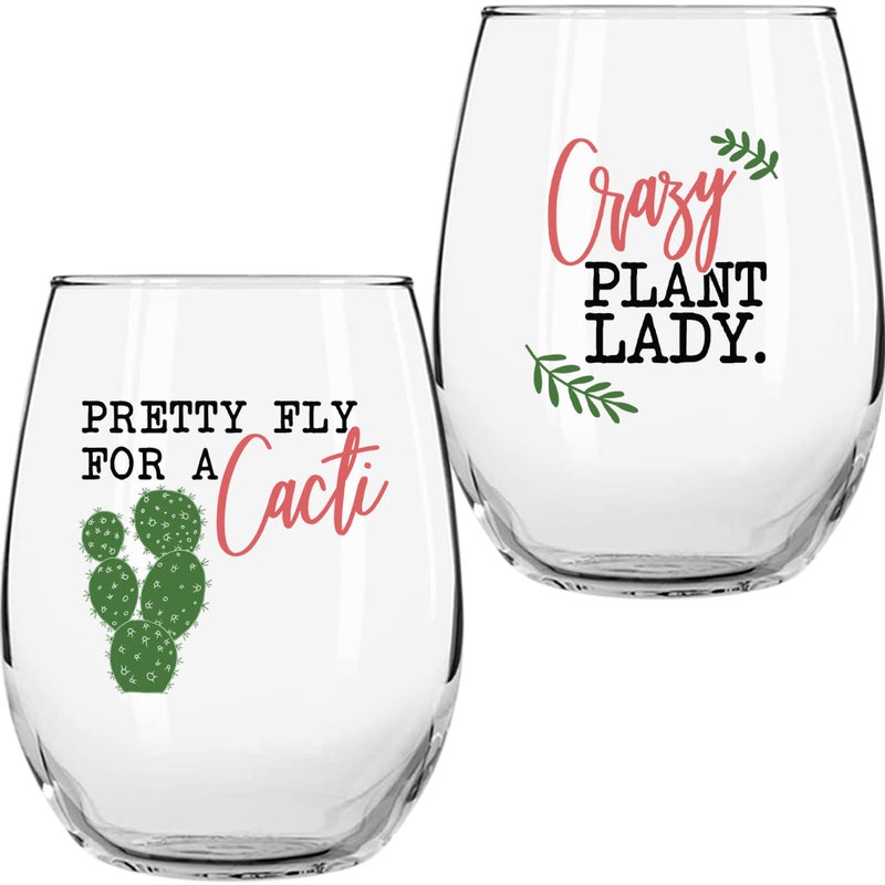 On The Rox Drinks On The Rox Drinks Plant Lady Succulent Cactus Gifts for Women  Set of 2 Funny Wine Glasses 15oz  Pretty Fly For a Cacti  Crazy Plant Lady Wine Glass Tumbler 