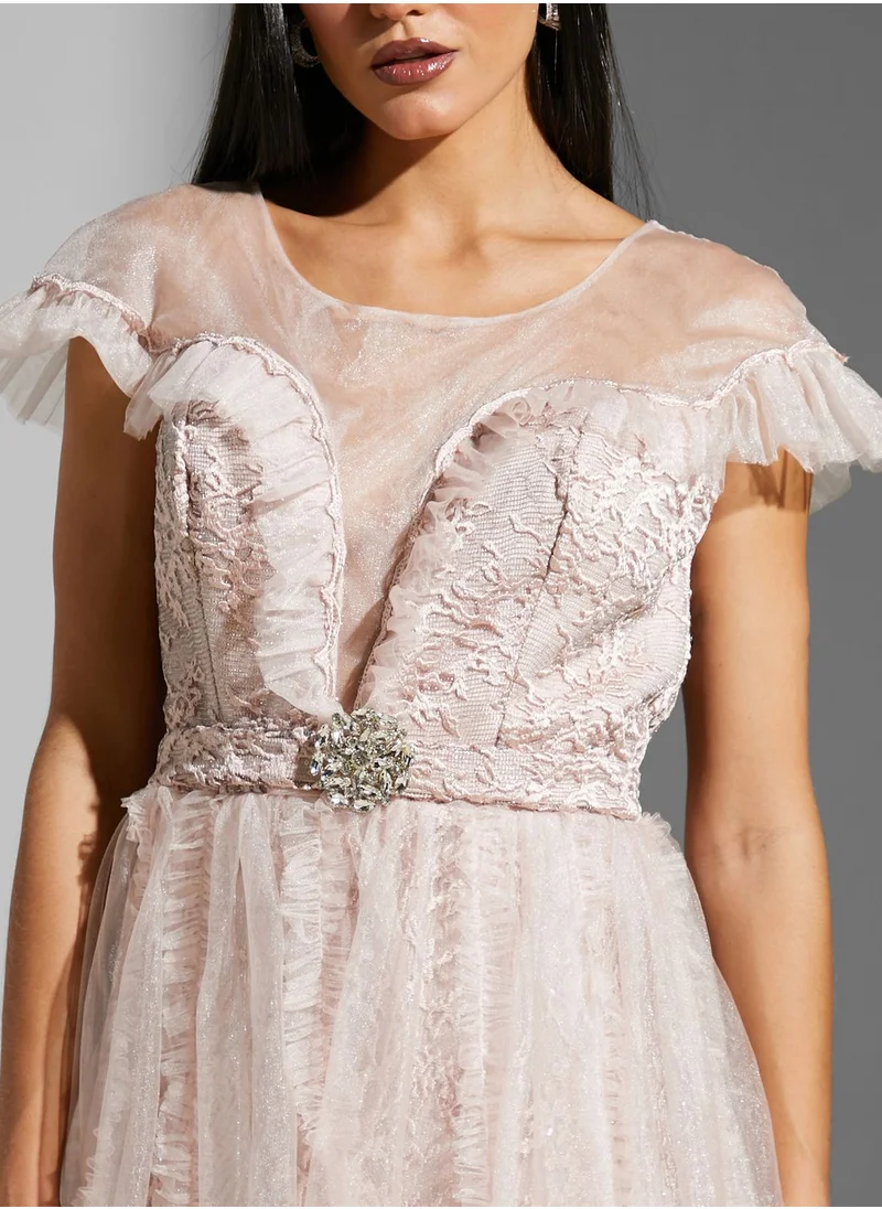 CRYSTAL PURE Lace Detail Tulle Pleated Dress