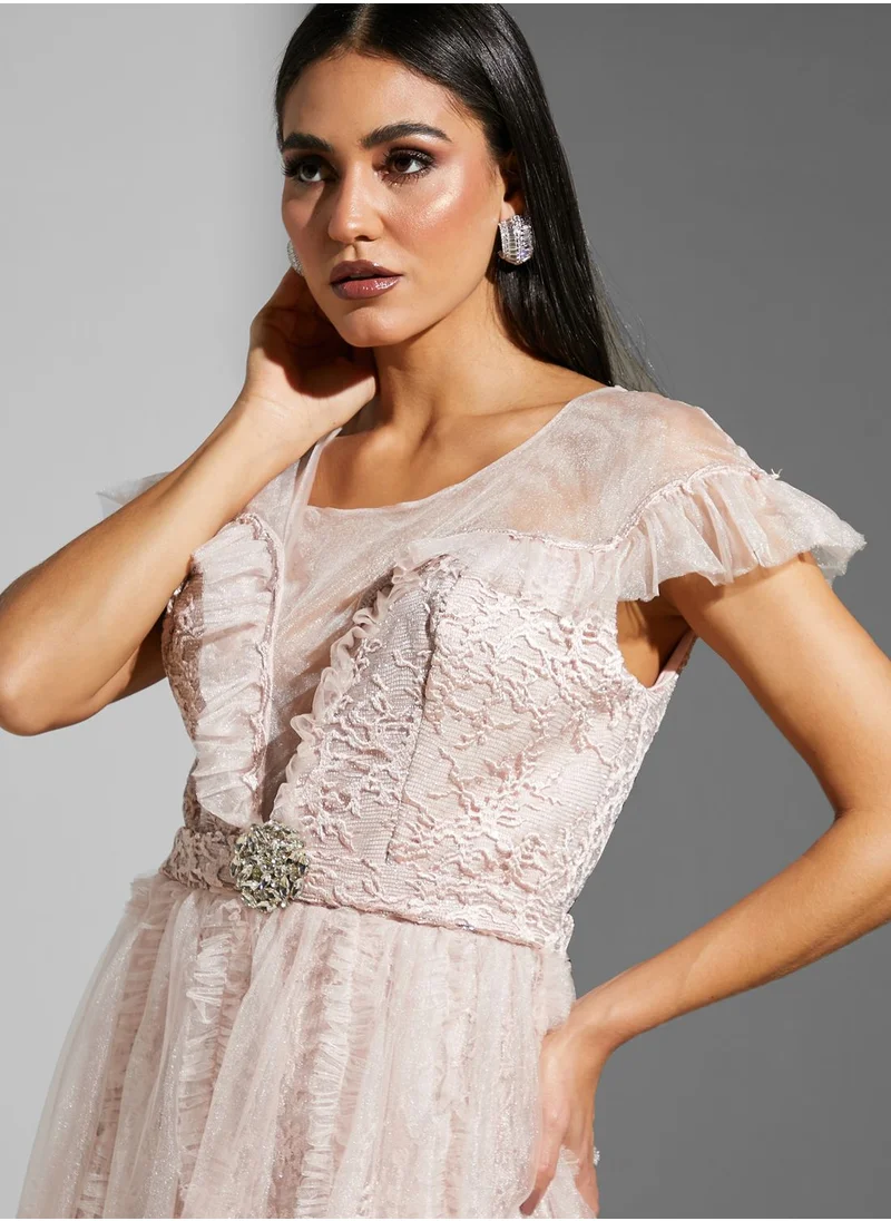 CRYSTAL PURE Lace Detail Tulle Pleated Dress