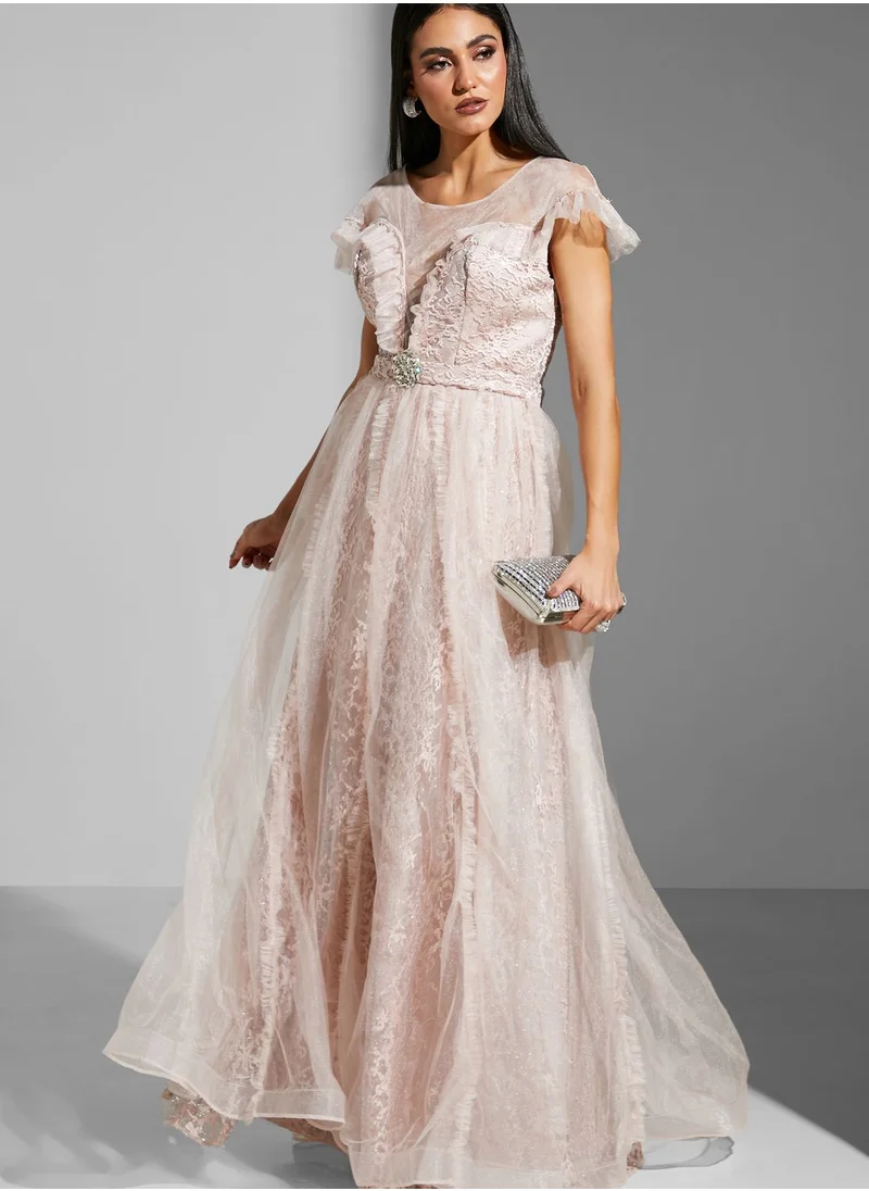 CRYSTAL PURE Lace Detail Tulle Pleated Dress