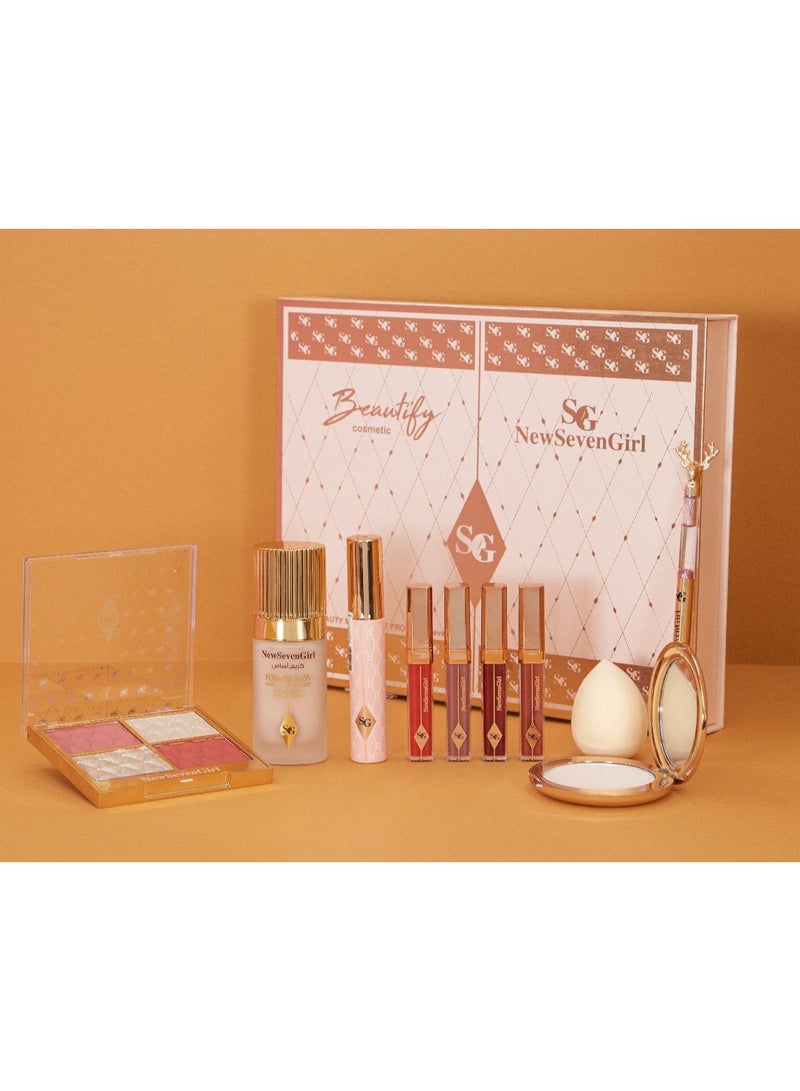 New Seven Girl Complete Luxury Makeup Kit – Includes Lipsticks, Foundation, Palette, Brush, Sponge & Mirror – Ideal for Gifts & Travel - Image 2