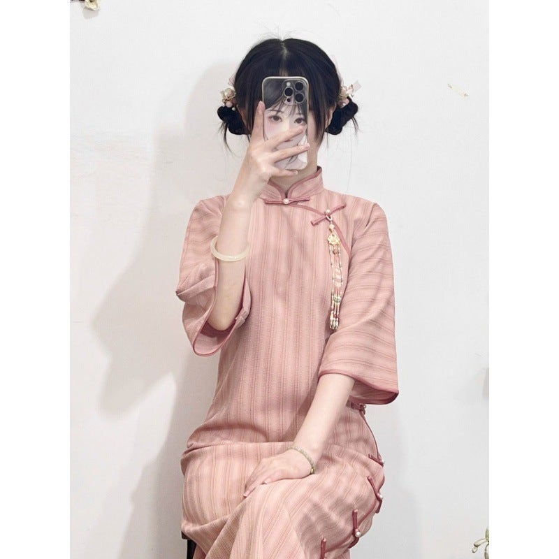 National Style New Chinese Cheongsam One-Piece Ancient Style Non-Provincial Stripes Inverted Large Sleeve Girl Style Student New Waist Cheongsam - Image 5