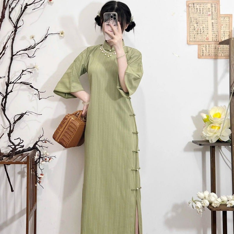 National Style New Chinese Cheongsam One-Piece Ancient Style Non-Provincial Stripes Inverted Large Sleeve Girl Style Student New Waist Cheongsam - Image 1
