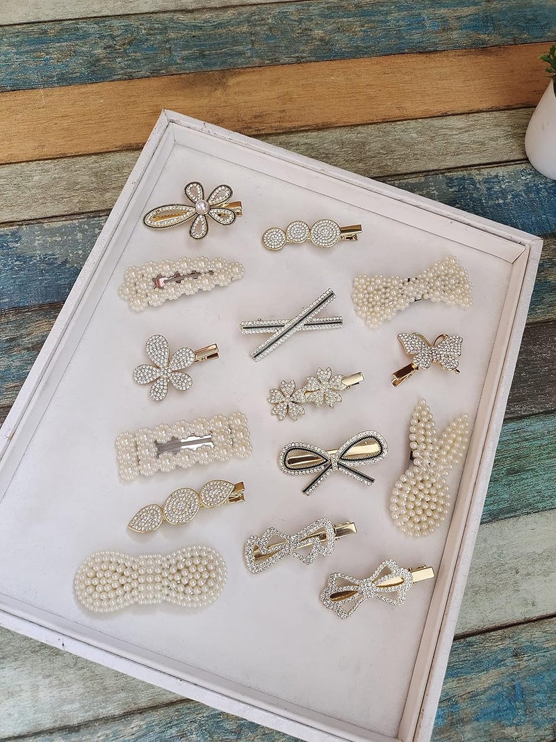 RedChimes 20 Pcs Stylish Rhinestone Pearl Mix Hair clips Metal Pearl Mini Clutches combo Set Hair Accessories for Girls Women - Image 2