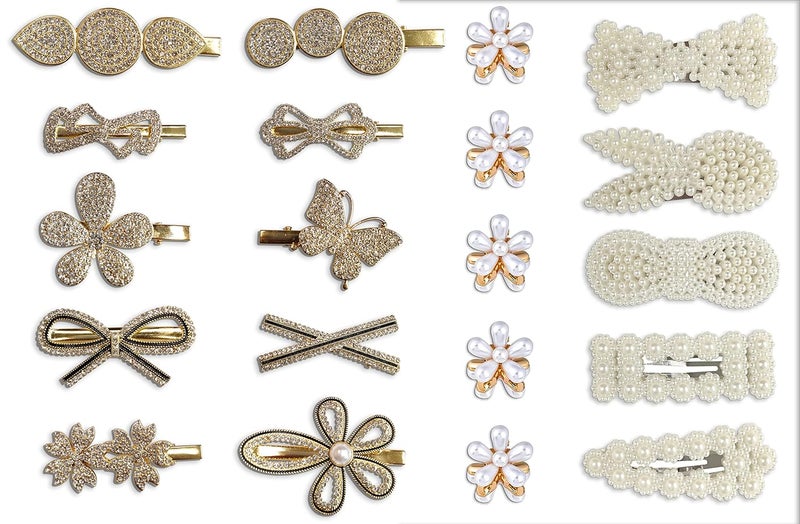 RedChimes 20 Pcs Stylish Rhinestone Pearl Mix Hair clips Metal Pearl Mini Clutches combo Set Hair Accessories for Girls Women - Image 3