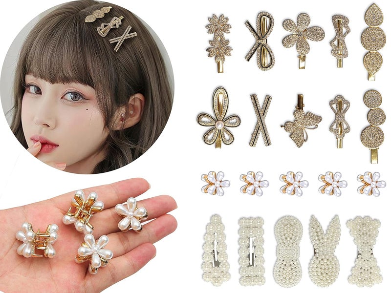 RedChimes 20 Pcs Stylish Rhinestone Pearl Mix Hair clips Metal Pearl Mini Clutches combo Set Hair Accessories for Girls Women - Image 1
