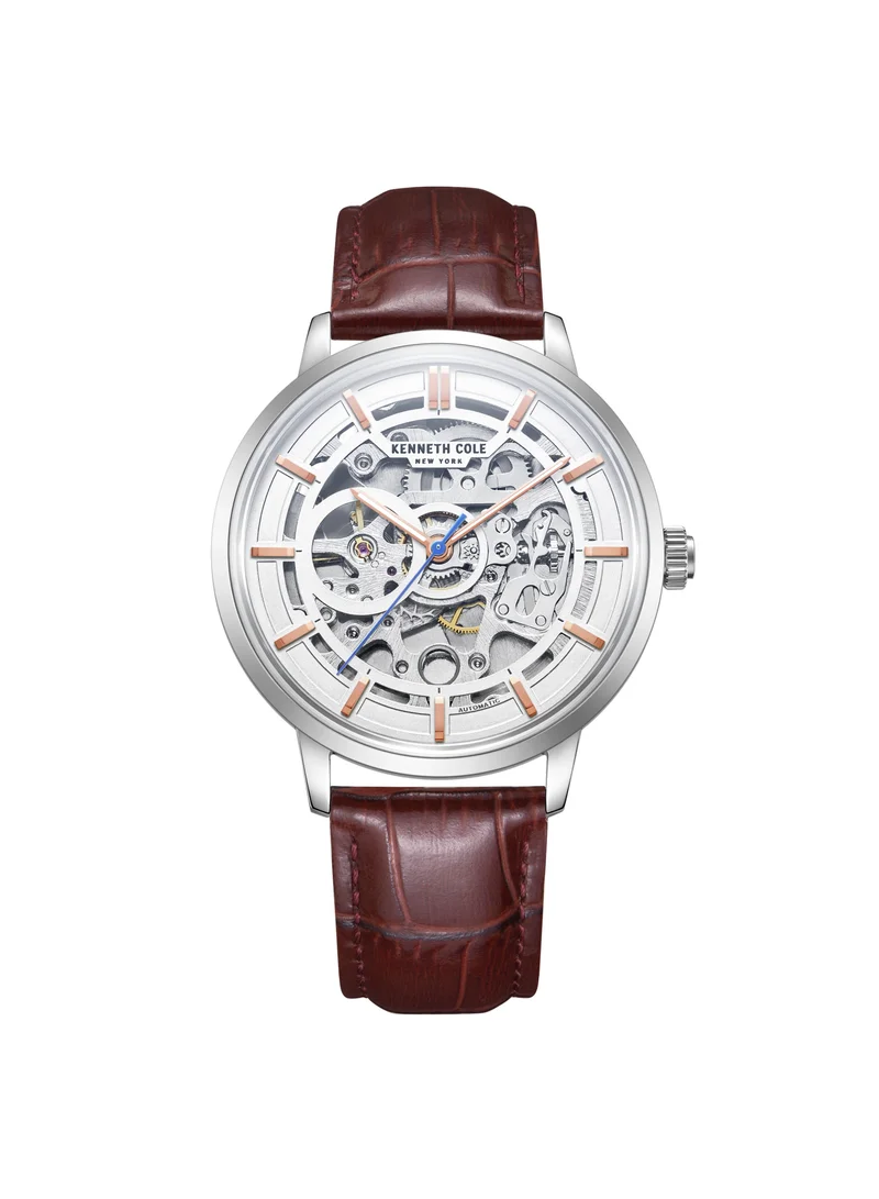 Kenneth Cole New York Gents 42mm Automatic Wrist Watch with Brown Leather Strap & White Dial, 30m