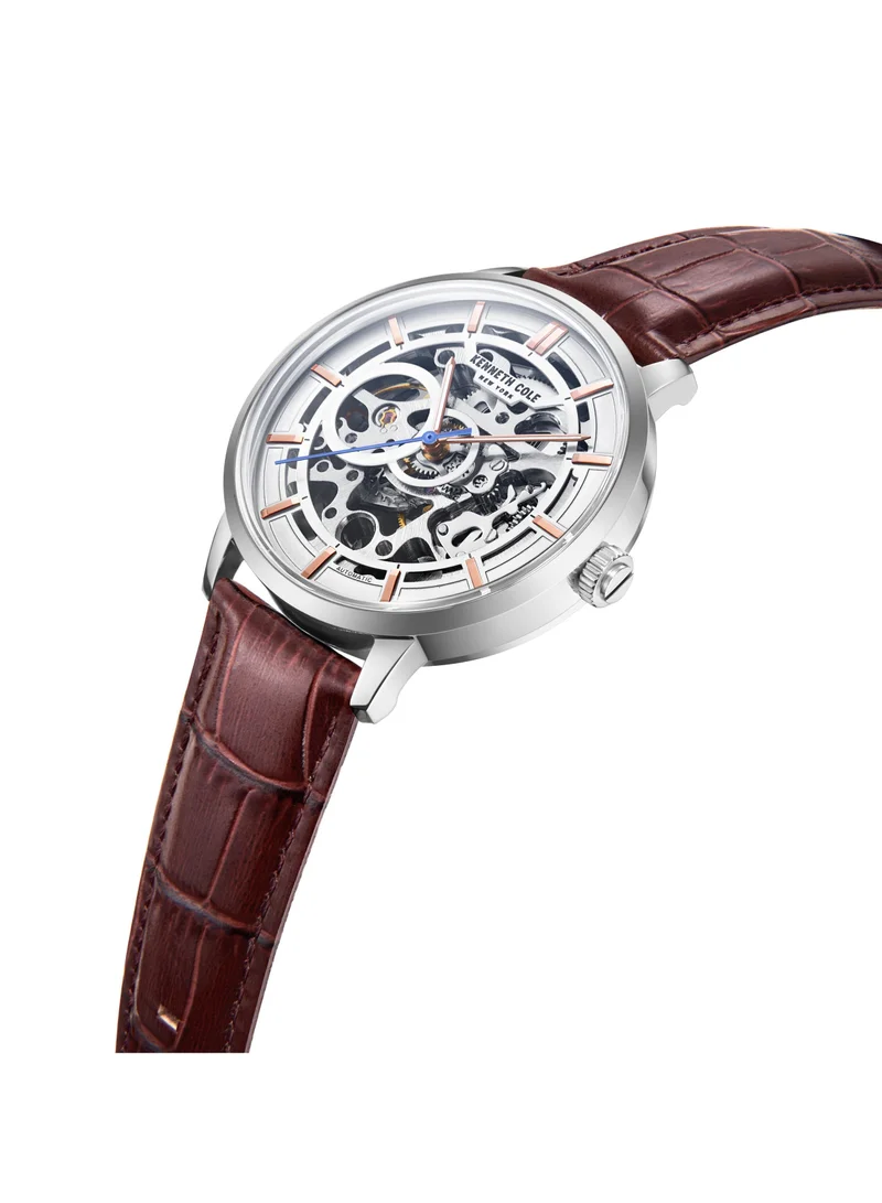 Kenneth Cole New York Gents 42mm Automatic Wrist Watch with Brown Leather Strap & White Dial, 30m