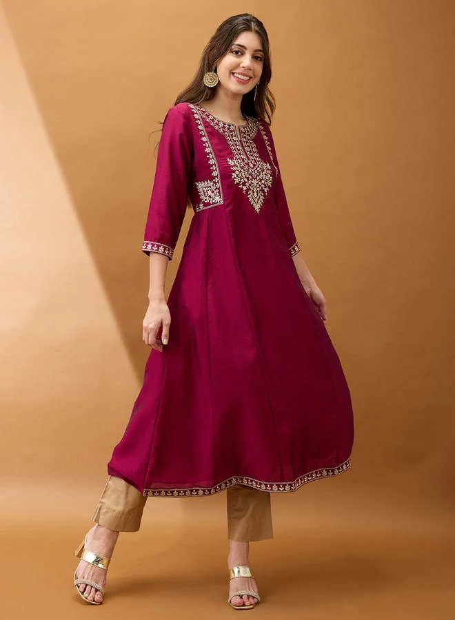 globus Globus Burgundy Embroidered Yoke Anarkali Festive Kurta