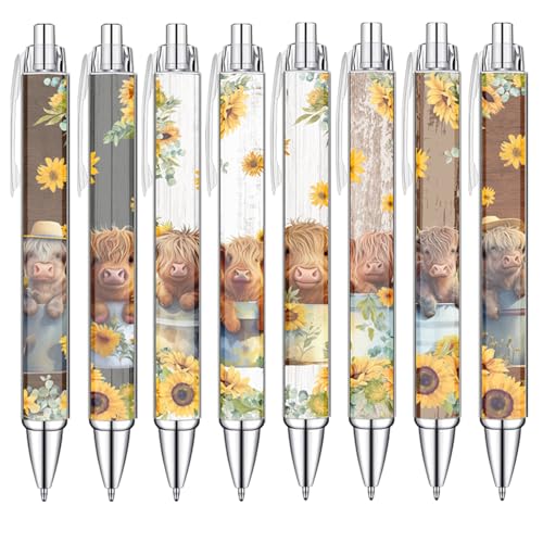 Idealmuzik 8 PCS Cute Highland Cow Print Pens, Cow Lovers Gifts, School Office Supplies, Gifts for Women Girls Teen Christmas New Year - Image 1