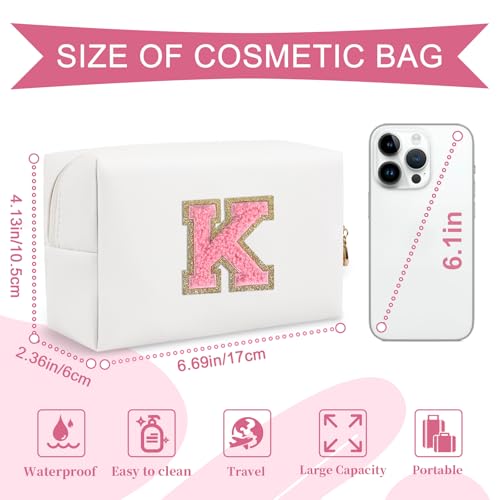 ChaoGreat Personalized Makeup Bag Initial A-Z Preppy Patch Bag,Small PU Leather Travel Cosmetic Bag Pouch with Zipper,White Cute Toiletry Bag,Gift Ideal for Teen Girls Women Birthday Friend Mom,Letter K - Image 2