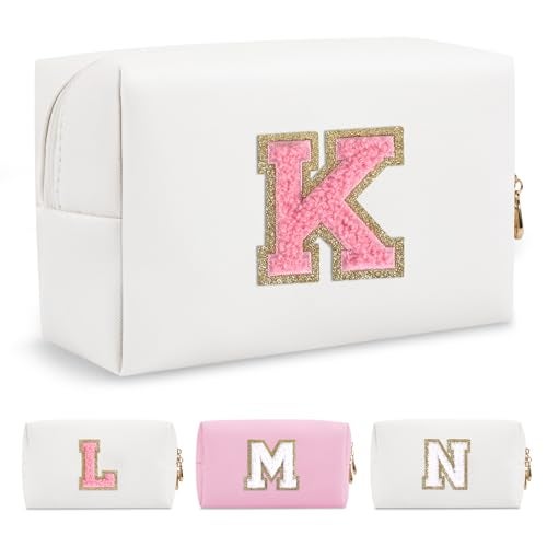 ChaoGreat Personalized Makeup Bag Initial A-Z Preppy Patch Bag,Small PU Leather Travel Cosmetic Bag Pouch with Zipper,White Cute Toiletry Bag,Gift Ideal for Teen Girls Women Birthday Friend Mom,Letter K - Image 1