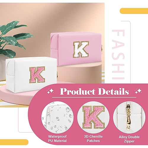 ChaoGreat Personalized Makeup Bag Initial A-Z Preppy Patch Bag,Small PU Leather Travel Cosmetic Bag Pouch with Zipper,White Cute Toiletry Bag,Gift Ideal for Teen Girls Women Birthday Friend Mom,Letter K - Image 3