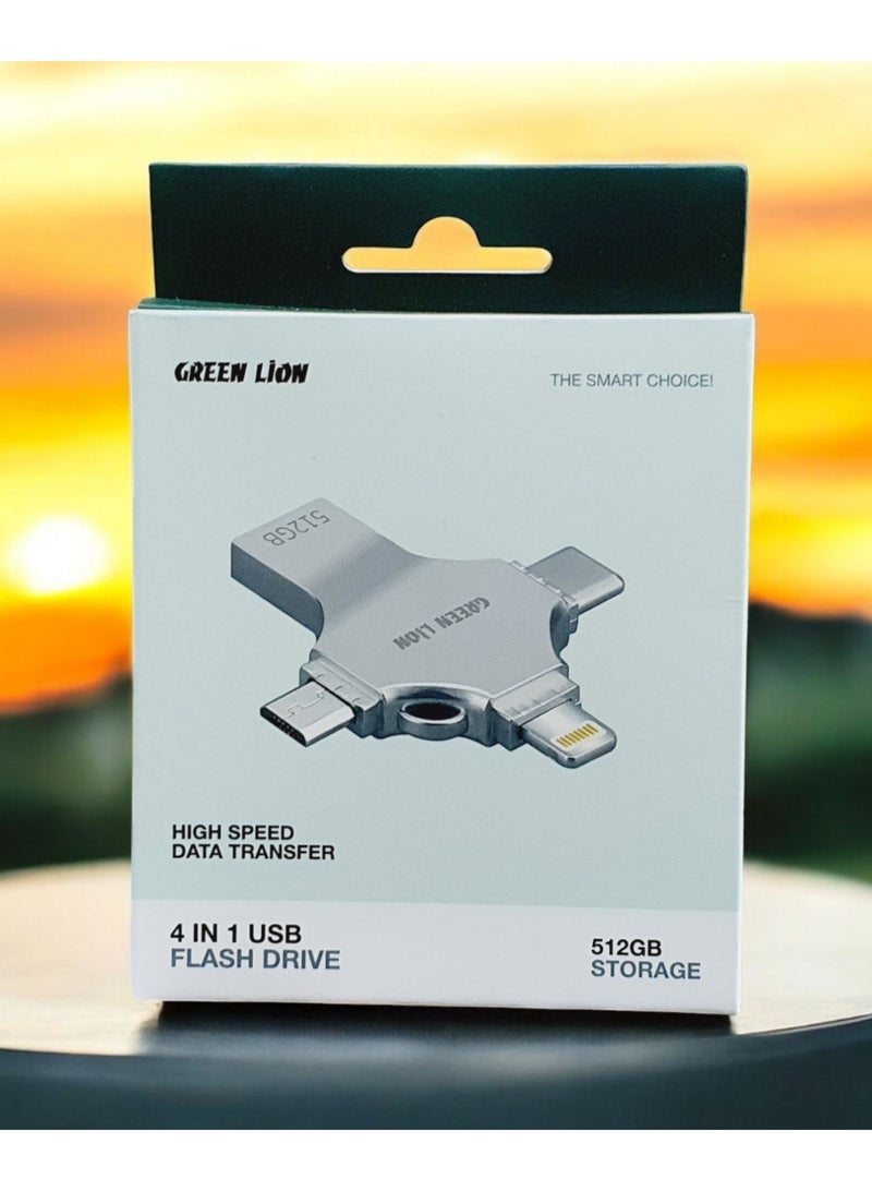 جرين ليون محرك أقراص فلاش USB عالي السرعة 4 في 1 لنقل البيانات بسعة 512   جيجابايت / USB-A / USB-C / Lightening / Micro / سعة تخزين كبيرة / تصميم محمول - Image 1