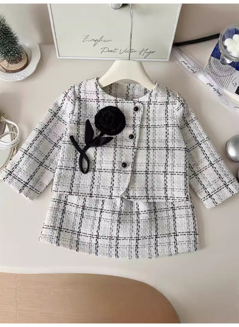 Ayada Home Girls 2-Piece Tweed Outfit, Plaid Jacket + Skirt Set with Flower Brooch - Image 5