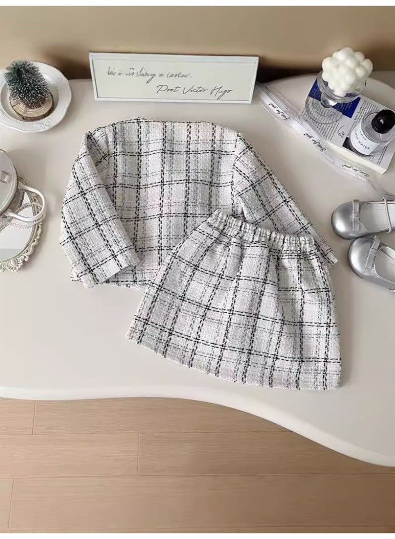 Ayada Home Girls 2-Piece Tweed Outfit, Plaid Jacket + Skirt Set with Flower Brooch - Image 2