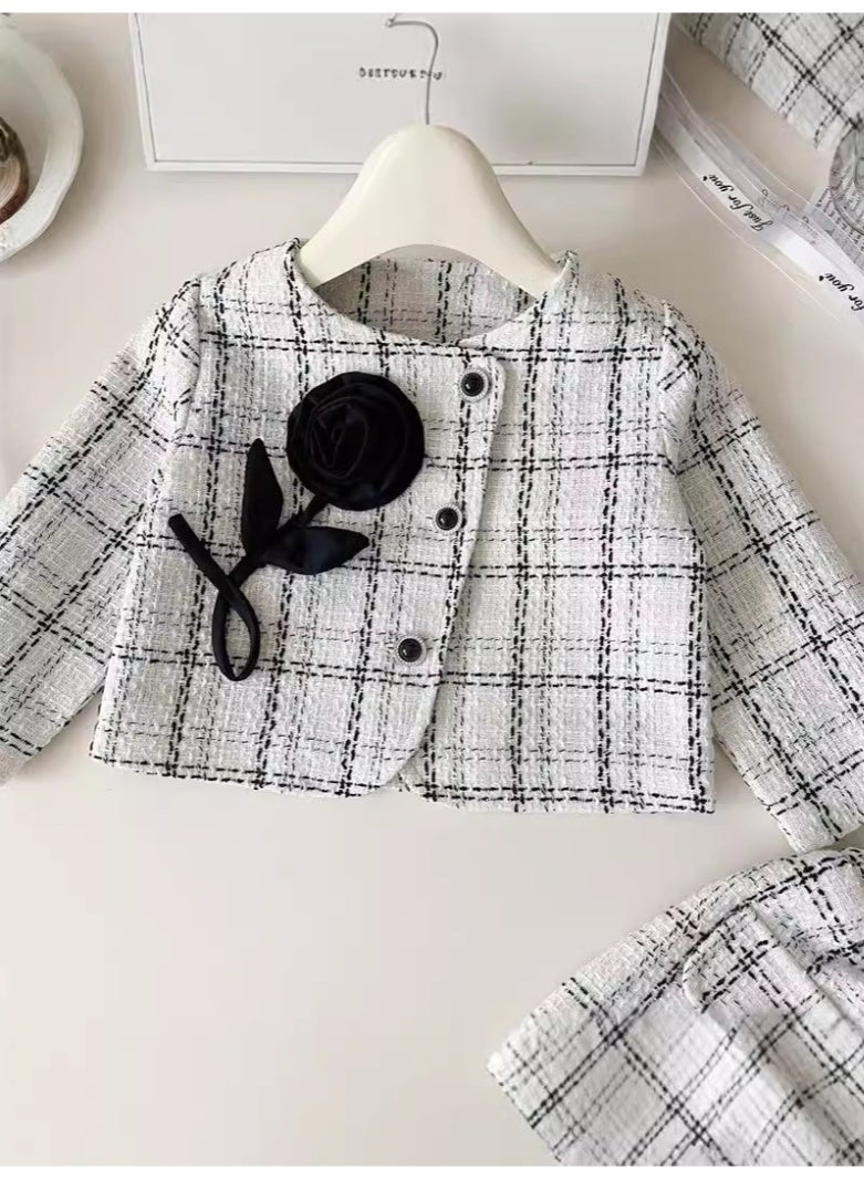 Ayada Home Girls 2-Piece Tweed Outfit, Plaid Jacket + Skirt Set with Flower Brooch - Image 4