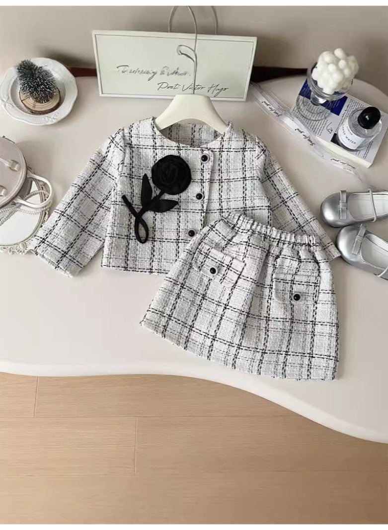 Ayada Home Girls 2-Piece Tweed Outfit, Plaid Jacket + Skirt Set with Flower Brooch - Image 1