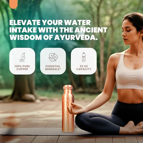 VedVision Copper Water Bottle - 32 Oz Pure Copper Water Bottle for Drinking Hammered Finish Design - Leak-Proof, Travel-Friendly, Wide Mouth - Image 2