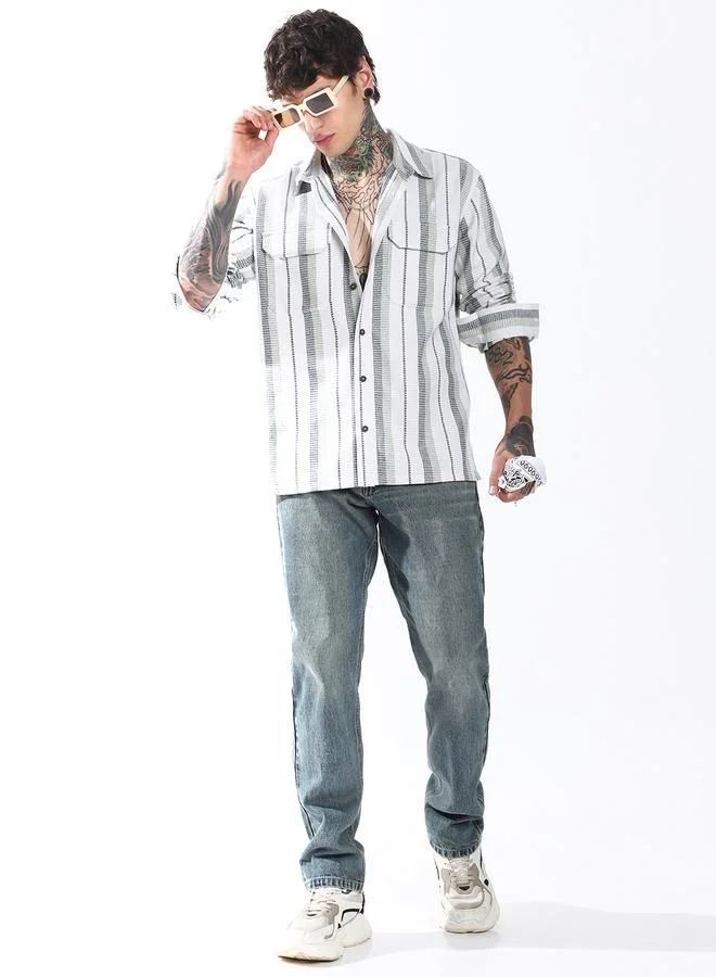 هوبرهولمي قميص رجالي كاجوال بياقة ممتدة وخطوط عمودية وجيوب مزدوجة