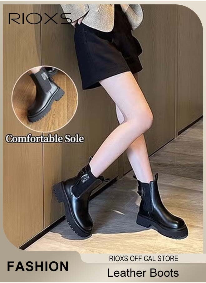 RIOXS Women's Chelsea Boots, Fashionable Chunky Leather Boots, Simple Pull-on Lug Ankle Boots with Comfortable Sole, Perfect to Complement Your Look  - Image 3